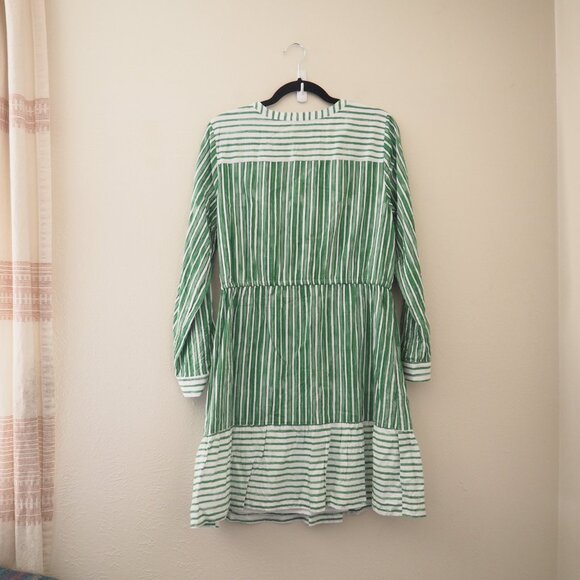 * LOFT Green Striped Tab Sleeve Button Flounce Dress sz L - Picture 4 of 6